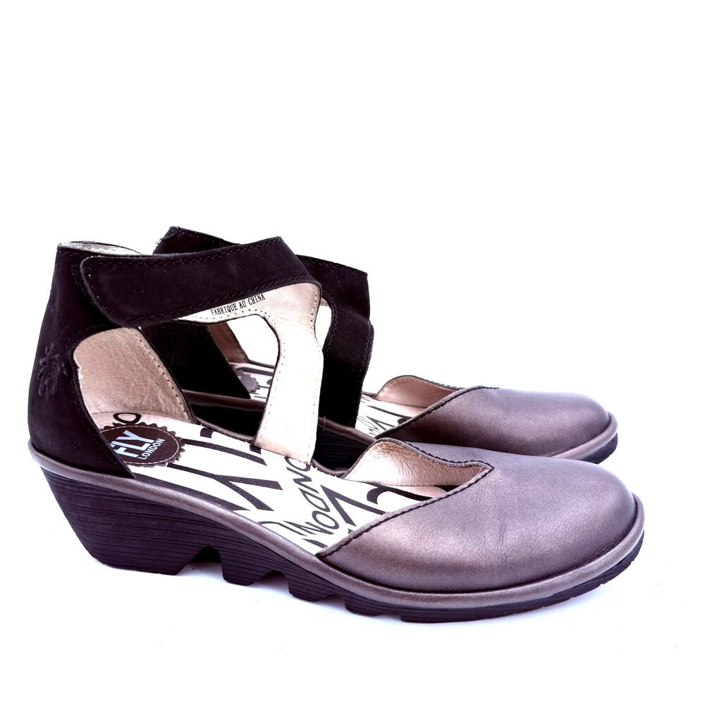Fly London Women's Piat Black Pewter Leather Mary Jane Wedges Shoes Size 38